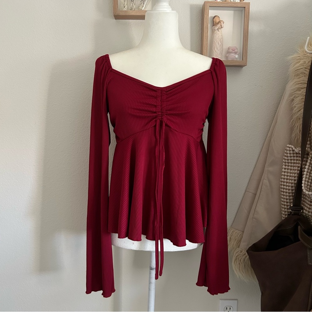 SHEIN Babydoll Blouse in Red Women’s Size Large Long Sleeve Ribbed Cute Spring